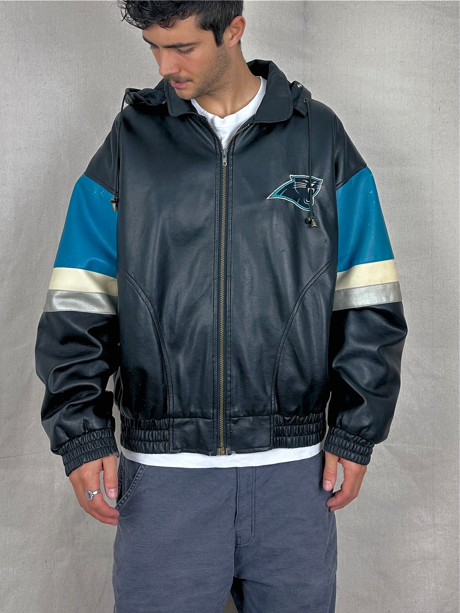 90's Carolina Panthers NFL Embroidered Faux Leather Jacket With